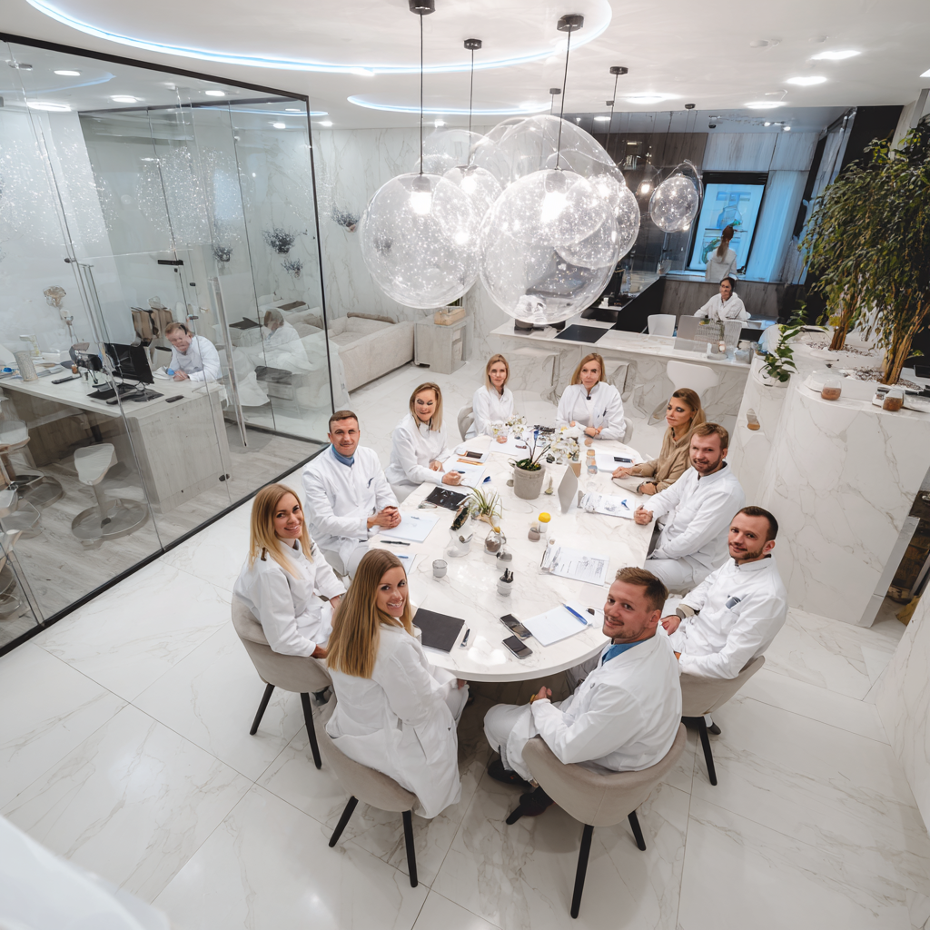 Smiling Ukrainian woman in her 40s holding a colorful bowl of fresh vegetables and grains, sitting in a bright, modern kitchen with natural light