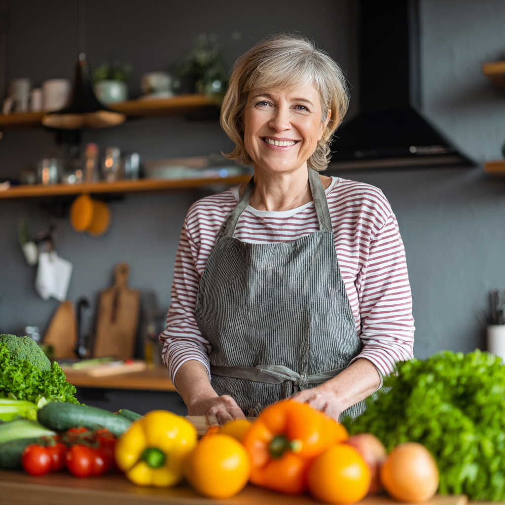Middle-aged Ukrainian nutritionist in consultation, smiling while explaining healthy meal planning with colorful charts and fresh produce on the table